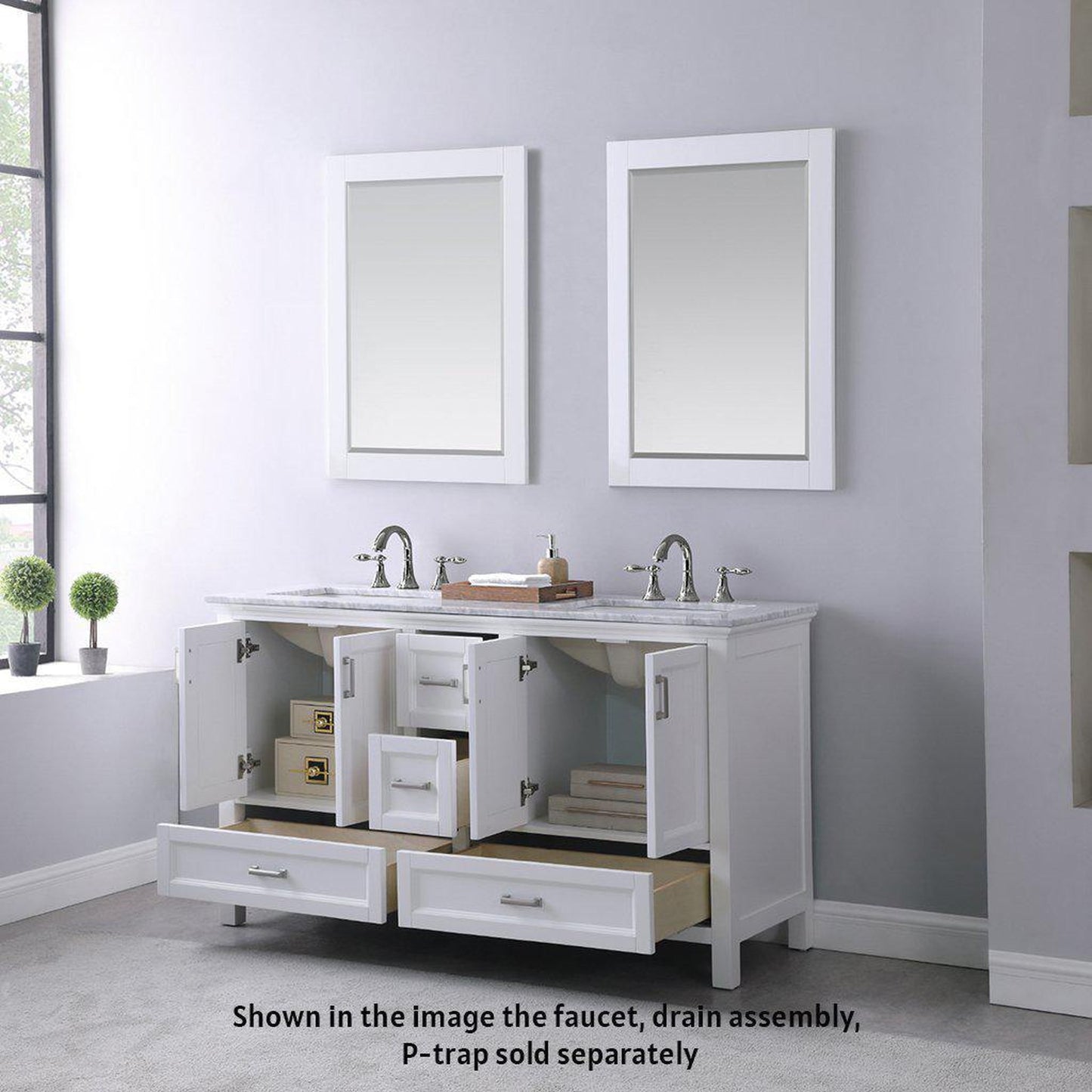 Altair Isla 60" Double White Freestanding Bathroom Vanity Set With Mirror, Natural Carrara White Marble Top, Two Rectangular Undermount Ceramic Sinks, and Overflow