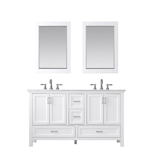 Altair Isla 60" Double White Freestanding Bathroom Vanity Set With Mirror, Natural Carrara White Marble Top, Two Rectangular Undermount Ceramic Sinks, and Overflow