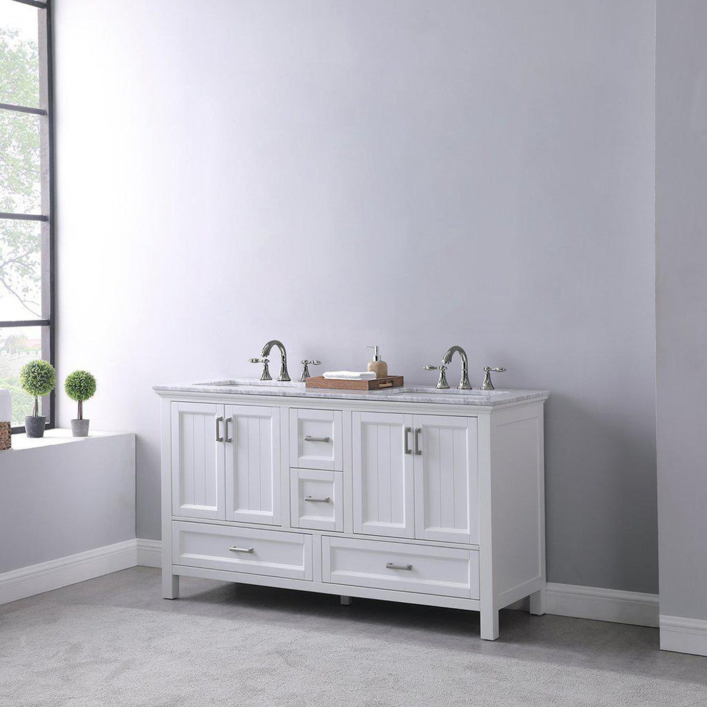 Altair Isla 60" Double White Freestanding Bathroom Vanity Set With Natural Carrara White Marble Top, Two Rectangular Undermount Ceramic Sinks, and Overflow