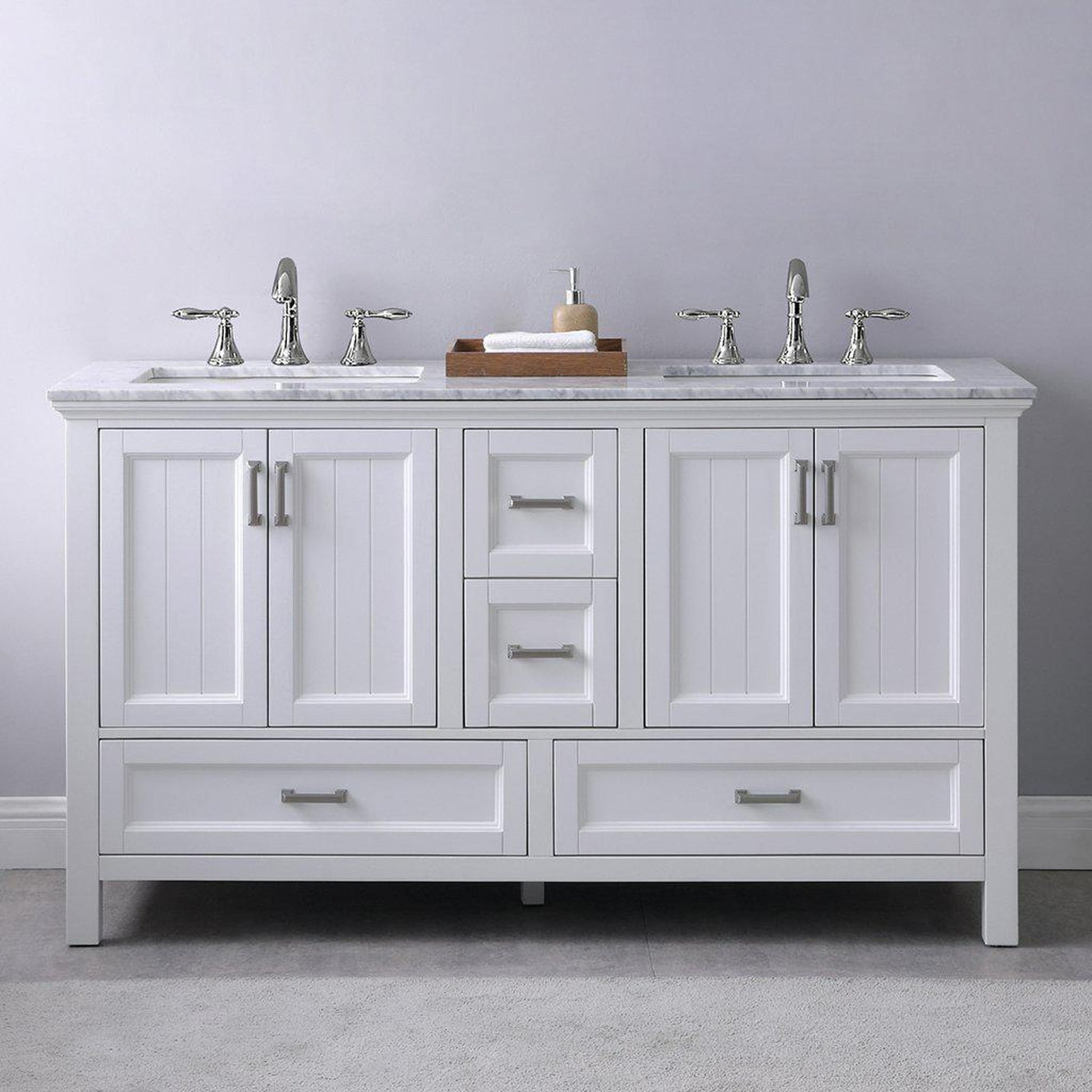 Altair Isla 60" Double White Freestanding Bathroom Vanity Set With Natural Carrara White Marble Top, Two Rectangular Undermount Ceramic Sinks, and Overflow