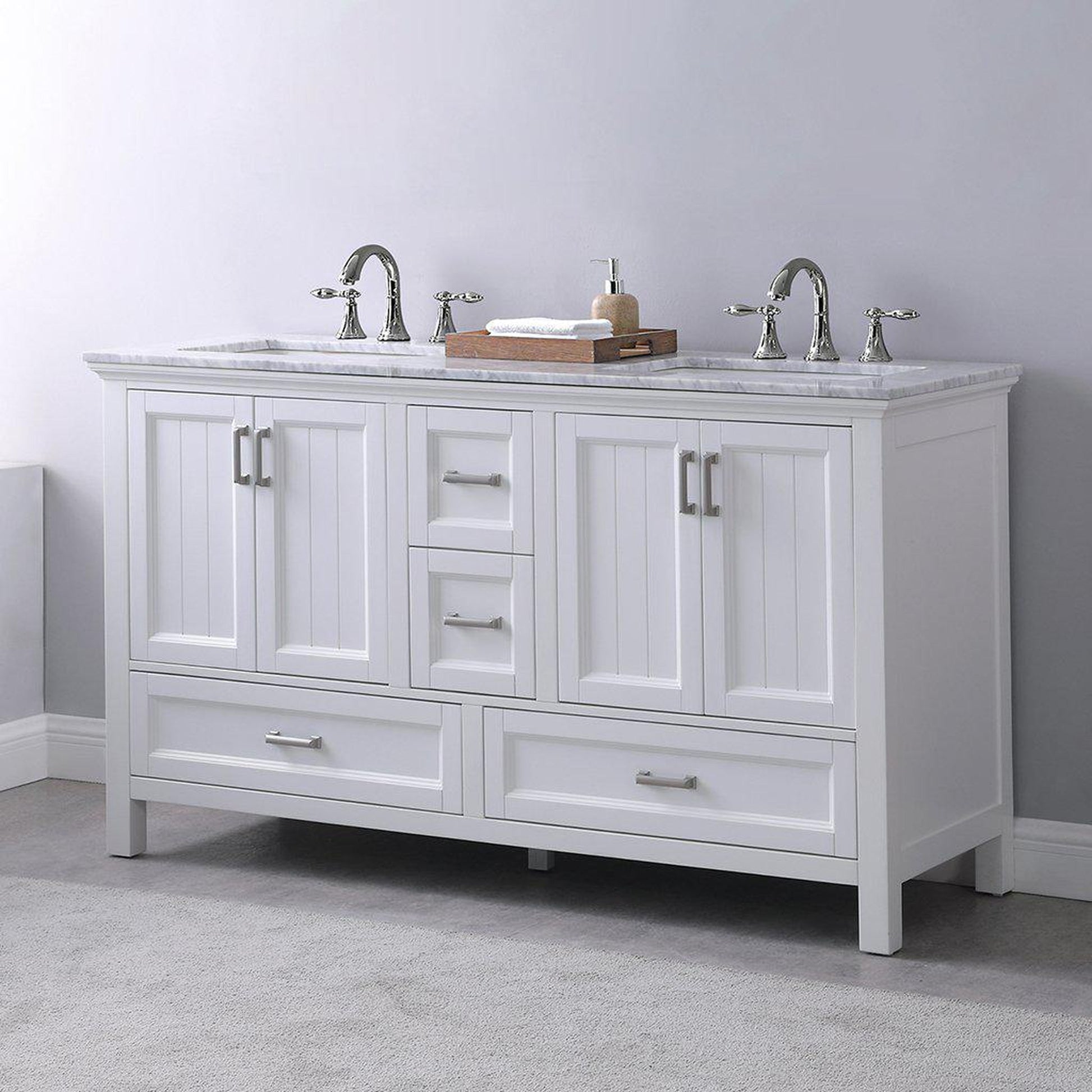 Altair Isla 60" Double White Freestanding Bathroom Vanity Set With Natural Carrara White Marble Top, Two Rectangular Undermount Ceramic Sinks, and Overflow