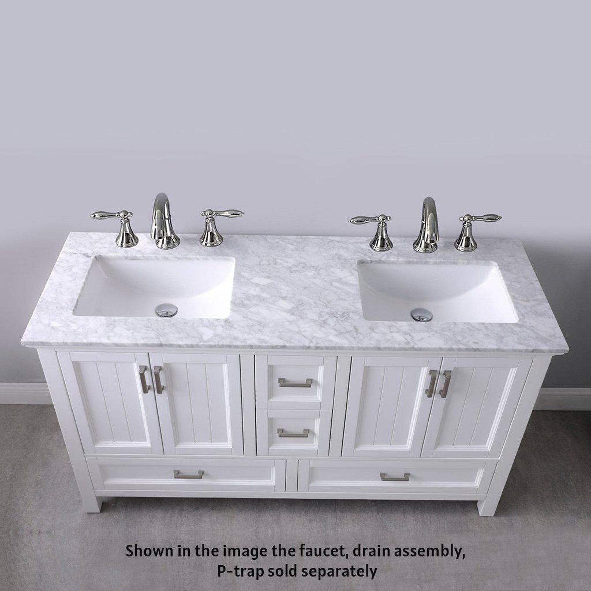 Altair Isla 60" Double White Freestanding Bathroom Vanity Set With Natural Carrara White Marble Top, Two Rectangular Undermount Ceramic Sinks, and Overflow