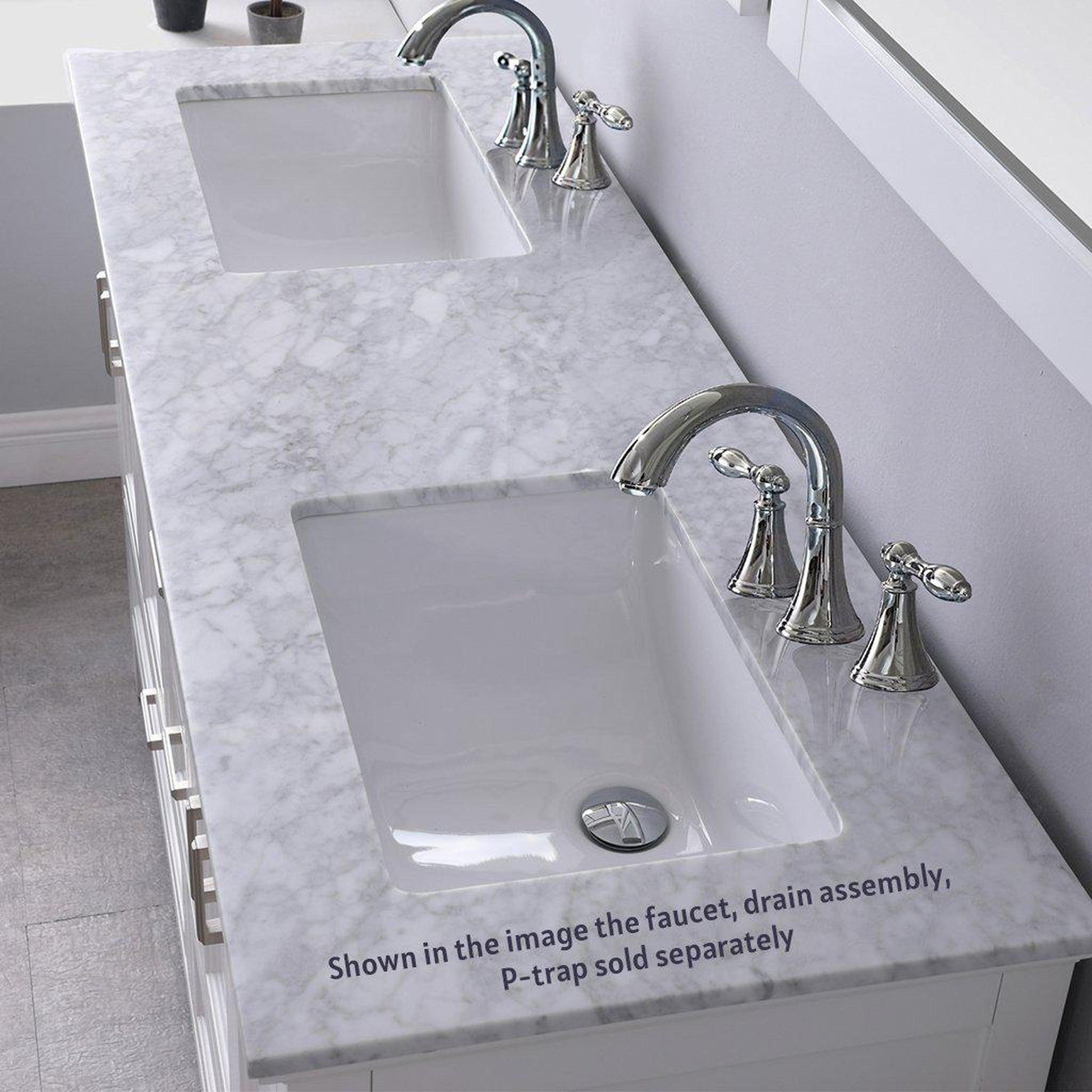 Altair Isla 60" Double White Freestanding Bathroom Vanity Set With Natural Carrara White Marble Top, Two Rectangular Undermount Ceramic Sinks, and Overflow