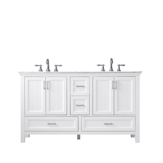 Altair Isla 60" Double White Freestanding Bathroom Vanity Set With Natural Carrara White Marble Top, Two Rectangular Undermount Ceramic Sinks, and Overflow