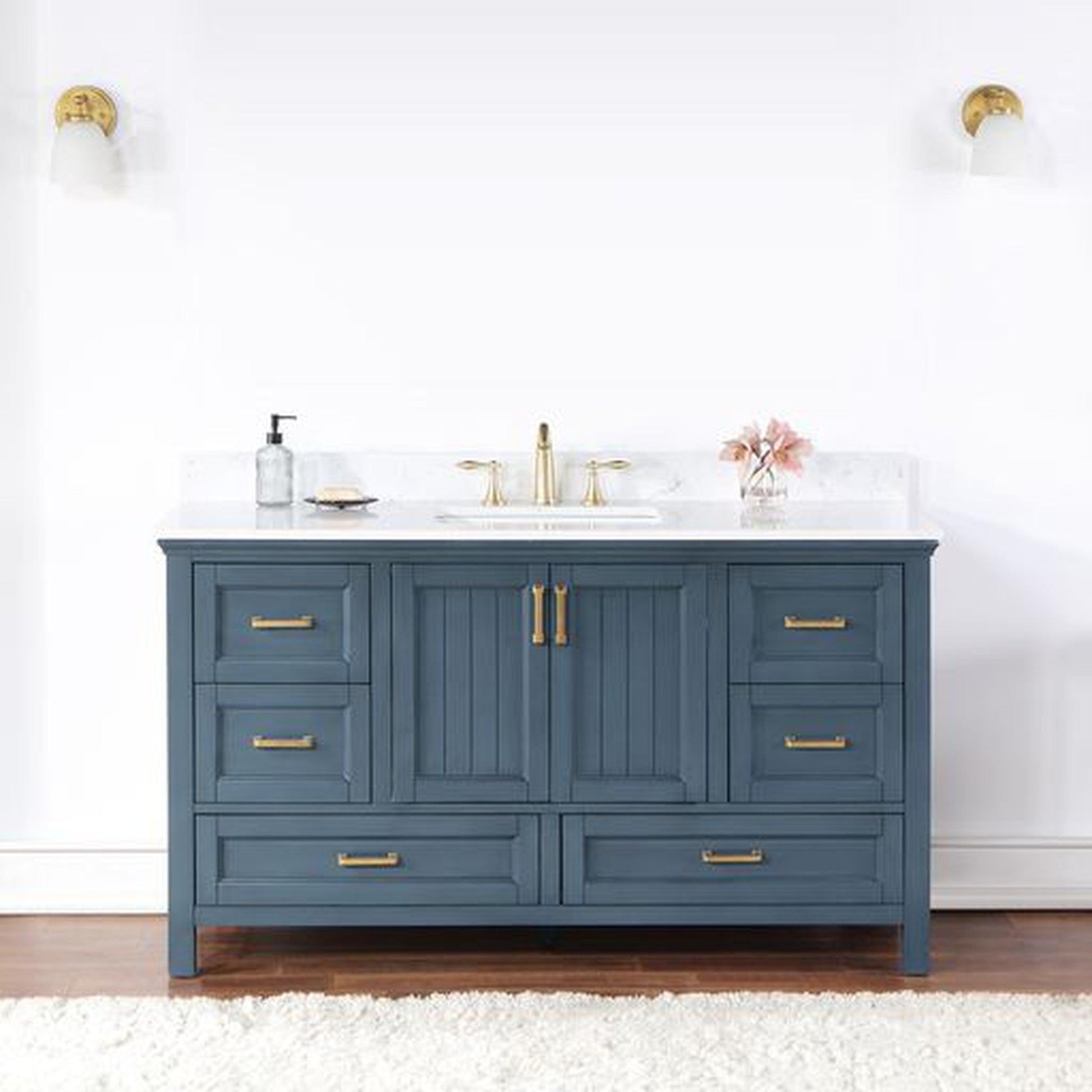 Altair Isla 60" Single Classic Blue Freestanding Bathroom Vanity Set With Aosta White Composite Stone Top, Rectangular Undermount Ceramic Sink, and Overflow