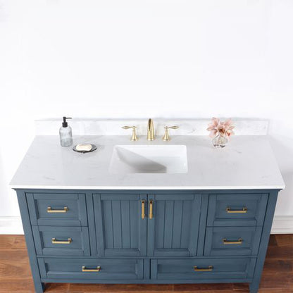 Altair Isla 60" Single Classic Blue Freestanding Bathroom Vanity Set With Aosta White Composite Stone Top, Rectangular Undermount Ceramic Sink, and Overflow