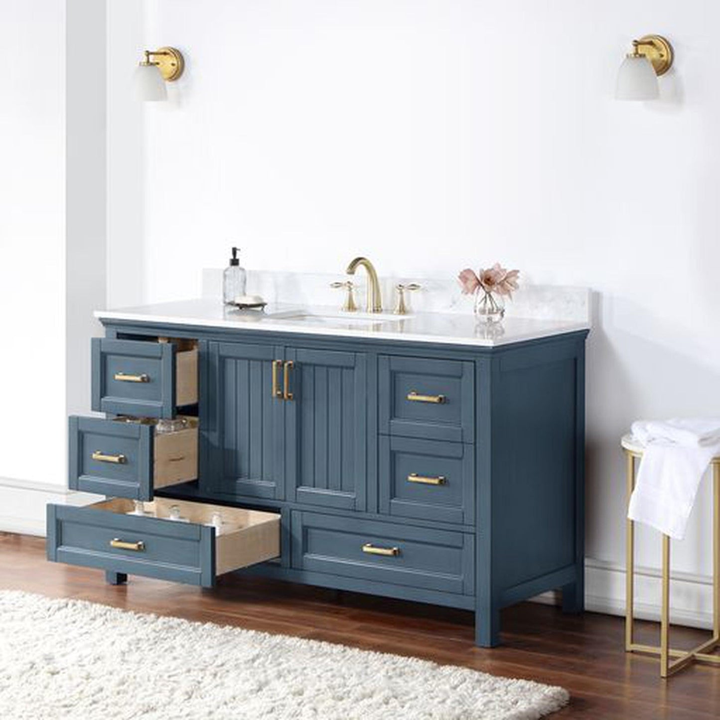 Altair Isla 60" Single Classic Blue Freestanding Bathroom Vanity Set With Aosta White Composite Stone Top, Rectangular Undermount Ceramic Sink, and Overflow