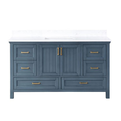 Altair Isla 60" Single Classic Blue Freestanding Bathroom Vanity Set With Aosta White Composite Stone Top, Rectangular Undermount Ceramic Sink, and Overflow