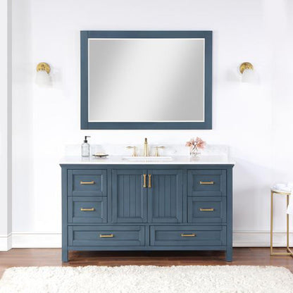 Altair Isla 60" Single Classic Blue Freestanding Bathroom Vanity Set With Mirror, Aosta White Composite Stone Top, Rectangular Undermount Ceramic Sink, and Overflow