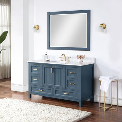 Altair Isla 60" Single Classic Blue Freestanding Bathroom Vanity Set With Mirror, Aosta White Composite Stone Top, Rectangular Undermount Ceramic Sink, and Overflow