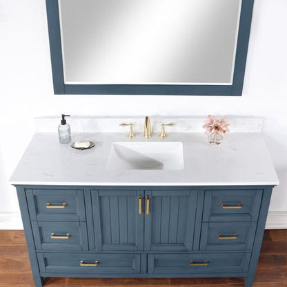 Altair Isla 60" Single Classic Blue Freestanding Bathroom Vanity Set With Mirror, Aosta White Composite Stone Top, Rectangular Undermount Ceramic Sink, and Overflow