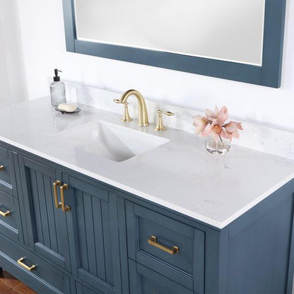 Altair Isla 60" Single Classic Blue Freestanding Bathroom Vanity Set With Mirror, Aosta White Composite Stone Top, Rectangular Undermount Ceramic Sink, and Overflow