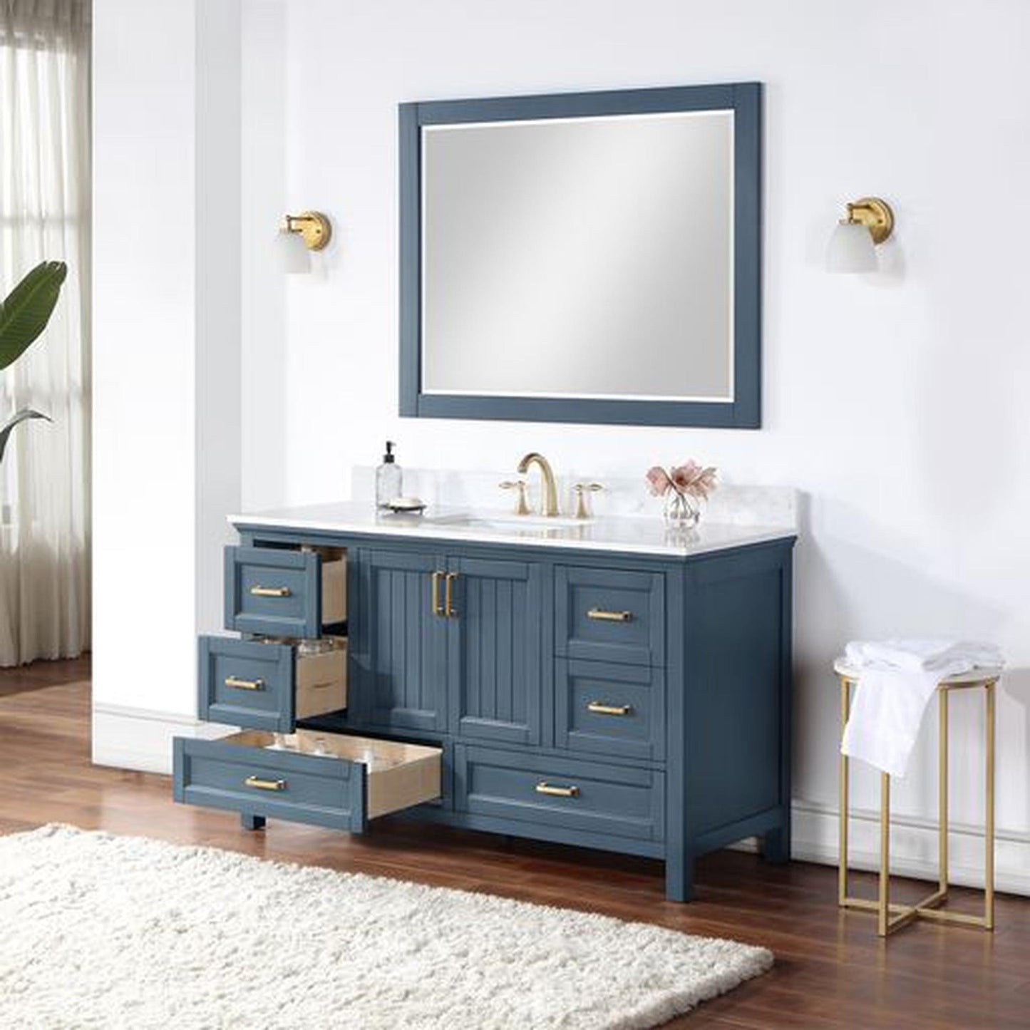 Altair Isla 60" Single Classic Blue Freestanding Bathroom Vanity Set With Mirror, Aosta White Composite Stone Top, Rectangular Undermount Ceramic Sink, and Overflow