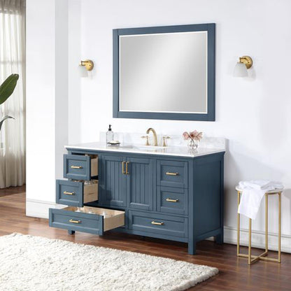 Altair Isla 60" Single Classic Blue Freestanding Bathroom Vanity Set With Mirror, Aosta White Composite Stone Top, Rectangular Undermount Ceramic Sink, and Overflow