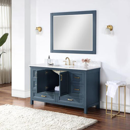 Altair Isla 60" Single Classic Blue Freestanding Bathroom Vanity Set With Mirror, Aosta White Composite Stone Top, Rectangular Undermount Ceramic Sink, and Overflow