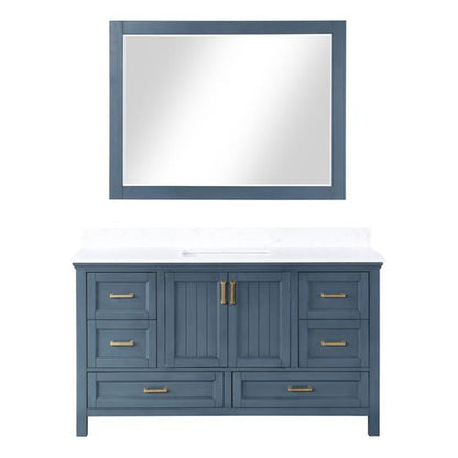 Altair Isla 60" Single Classic Blue Freestanding Bathroom Vanity Set With Mirror, Aosta White Composite Stone Top, Rectangular Undermount Ceramic Sink, and Overflow