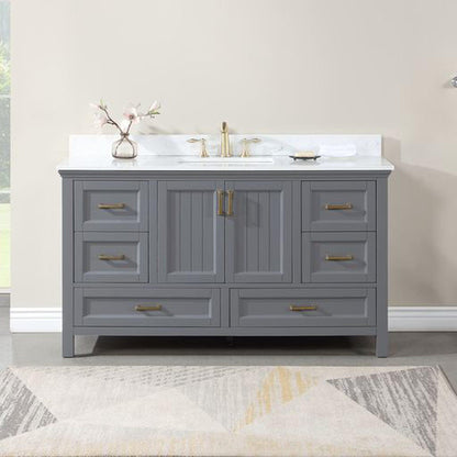 Altair Isla 60" Single Gray Freestanding Bathroom Vanity Set With Aosta White Composite Stone Top, Rectangular Undermount Ceramic Sink, and Overflow