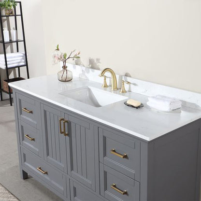 Altair Isla 60" Single Gray Freestanding Bathroom Vanity Set With Aosta White Composite Stone Top, Rectangular Undermount Ceramic Sink, and Overflow