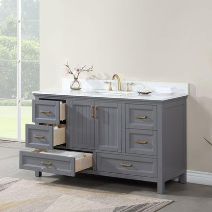 Altair Isla 60" Single Gray Freestanding Bathroom Vanity Set With Aosta White Composite Stone Top, Rectangular Undermount Ceramic Sink, and Overflow