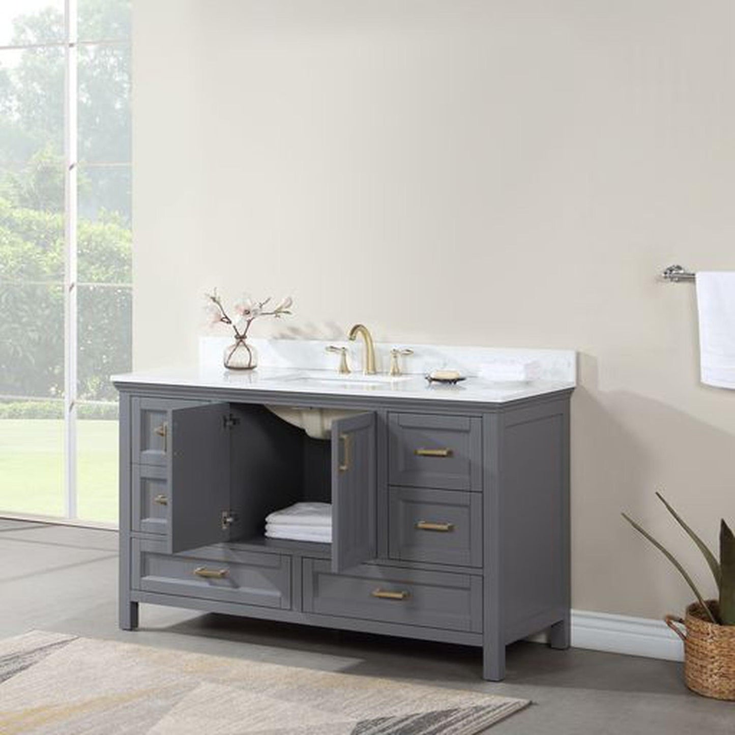 Altair Isla 60" Single Gray Freestanding Bathroom Vanity Set With Aosta White Composite Stone Top, Rectangular Undermount Ceramic Sink, and Overflow