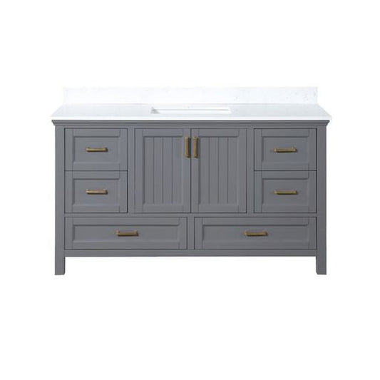 Altair Isla 60" Single Gray Freestanding Bathroom Vanity Set With Aosta White Composite Stone Top, Rectangular Undermount Ceramic Sink, and Overflow