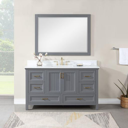 Altair Isla 60" Single Gray Freestanding Bathroom Vanity Set With Mirror, Aosta White Composite Stone Top, Rectangular Undermount Ceramic Sink, and Overflow