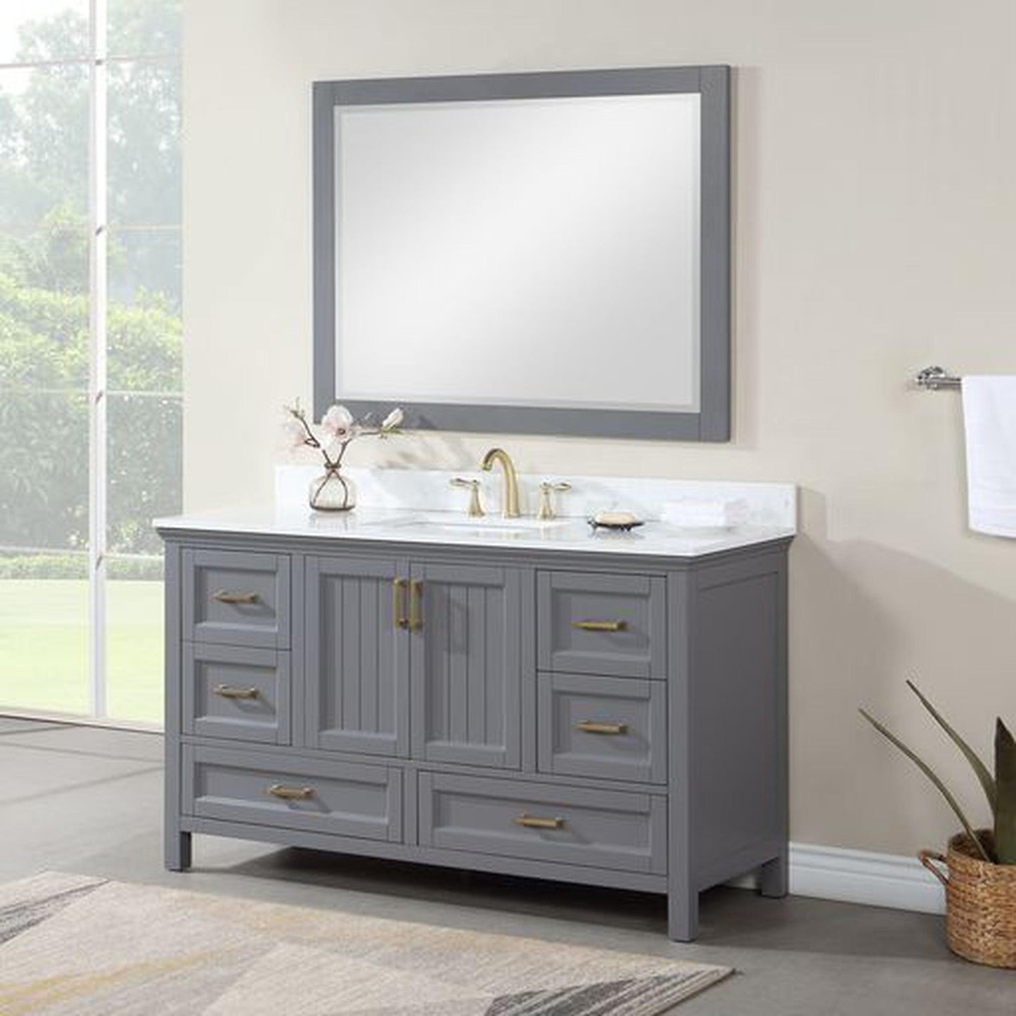 Altair Isla 60" Single Gray Freestanding Bathroom Vanity Set With Mirror, Aosta White Composite Stone Top, Rectangular Undermount Ceramic Sink, and Overflow