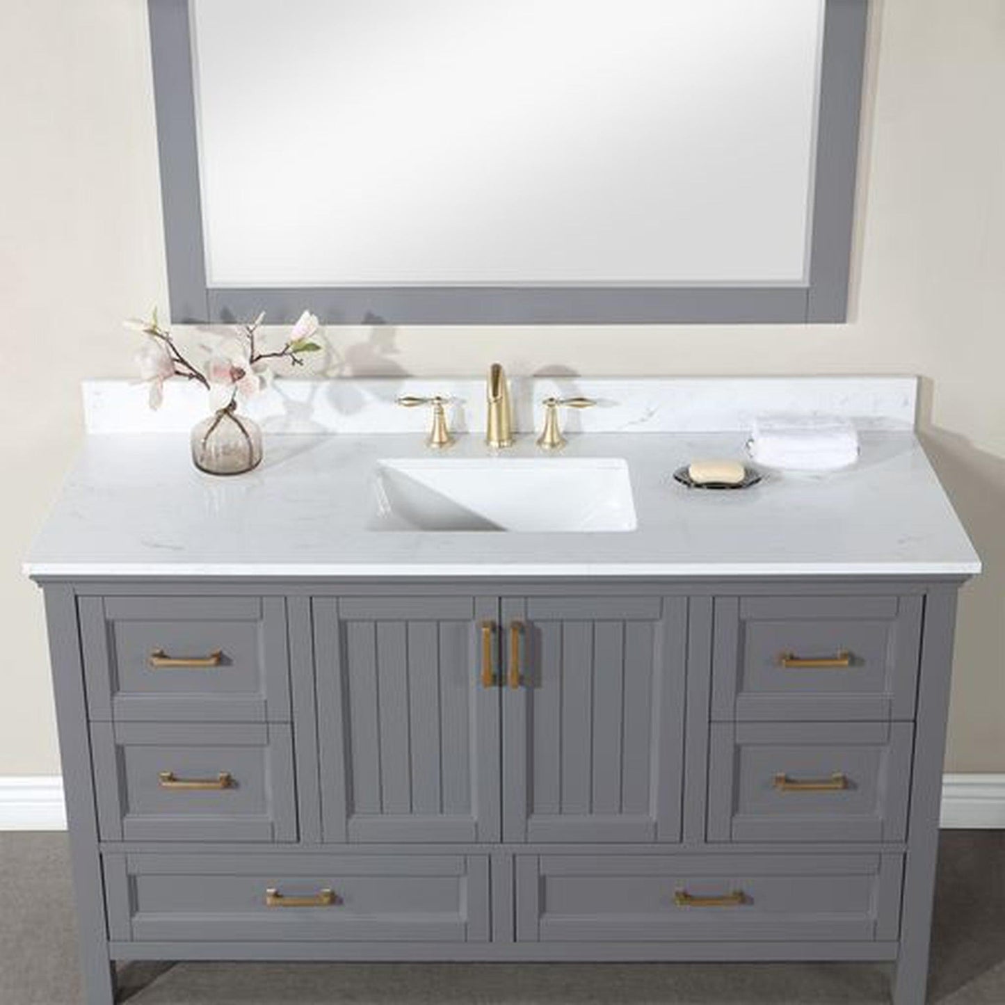 Altair Isla 60" Single Gray Freestanding Bathroom Vanity Set With Mirror, Aosta White Composite Stone Top, Rectangular Undermount Ceramic Sink, and Overflow