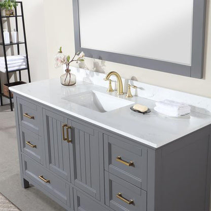 Altair Isla 60" Single Gray Freestanding Bathroom Vanity Set With Mirror, Aosta White Composite Stone Top, Rectangular Undermount Ceramic Sink, and Overflow