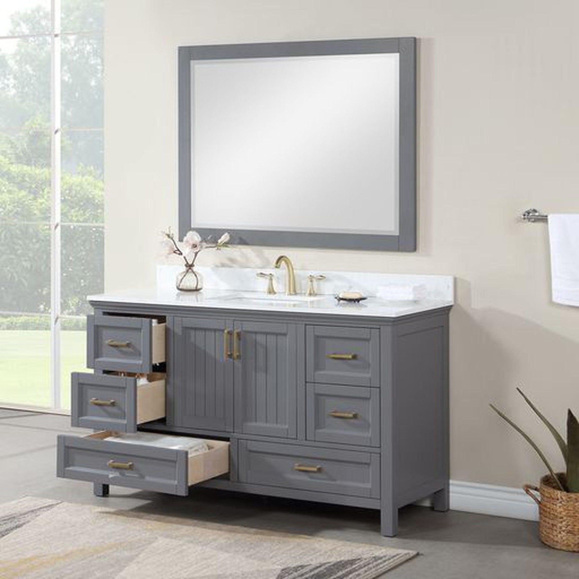 Altair Isla 60" Single Gray Freestanding Bathroom Vanity Set With Mirror, Aosta White Composite Stone Top, Rectangular Undermount Ceramic Sink, and Overflow