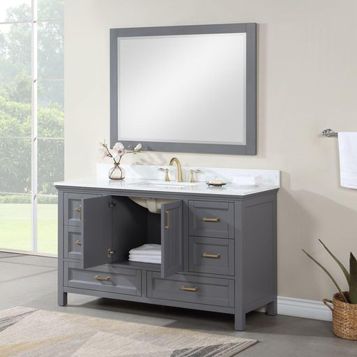 Altair Isla 60" Single Gray Freestanding Bathroom Vanity Set With Mirror, Aosta White Composite Stone Top, Rectangular Undermount Ceramic Sink, and Overflow