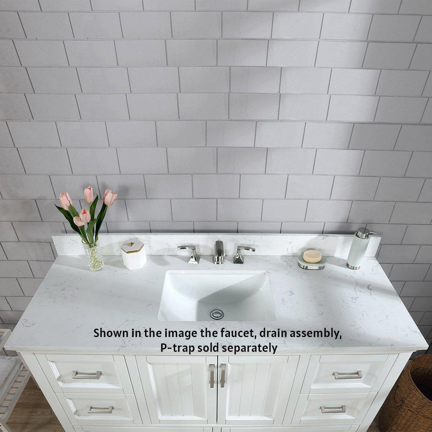 Altair Isla 60" Single White Freestanding Bathroom Vanity Set With Aosta White Composite Stone Top Two Rectangular Undermount Ceramic Sinks, Overflow, and Backsplash