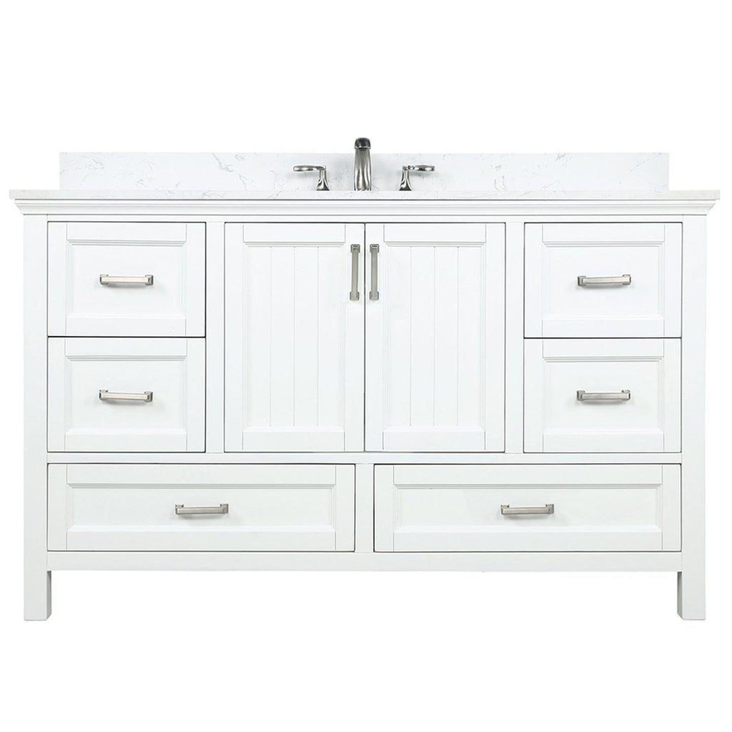 Altair Isla 60" Single White Freestanding Bathroom Vanity Set With Aosta White Composite Stone Top Two Rectangular Undermount Ceramic Sinks, Overflow, and Backsplash