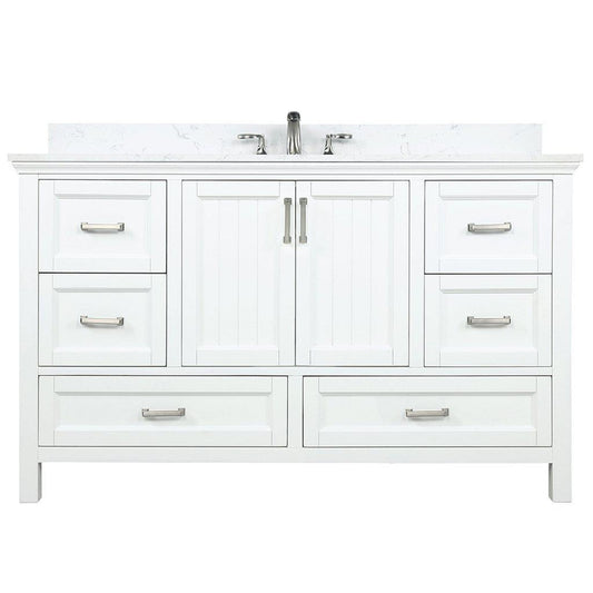 Altair Isla 60" Single White Freestanding Bathroom Vanity Set With Aosta White Composite Stone Top Two Rectangular Undermount Ceramic Sinks, Overflow, and Backsplash