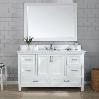 Altair Isla 60" Single White Freestanding Bathroom Vanity Set With Mirror, Aosta White Composite Stone Top Two Rectangular Undermount Ceramic Sinks, Overflow, and Backsplash