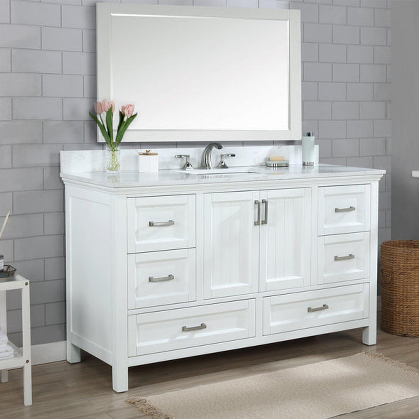 Altair Isla 60" Single White Freestanding Bathroom Vanity Set With Mirror, Aosta White Composite Stone Top Two Rectangular Undermount Ceramic Sinks, Overflow, and Backsplash