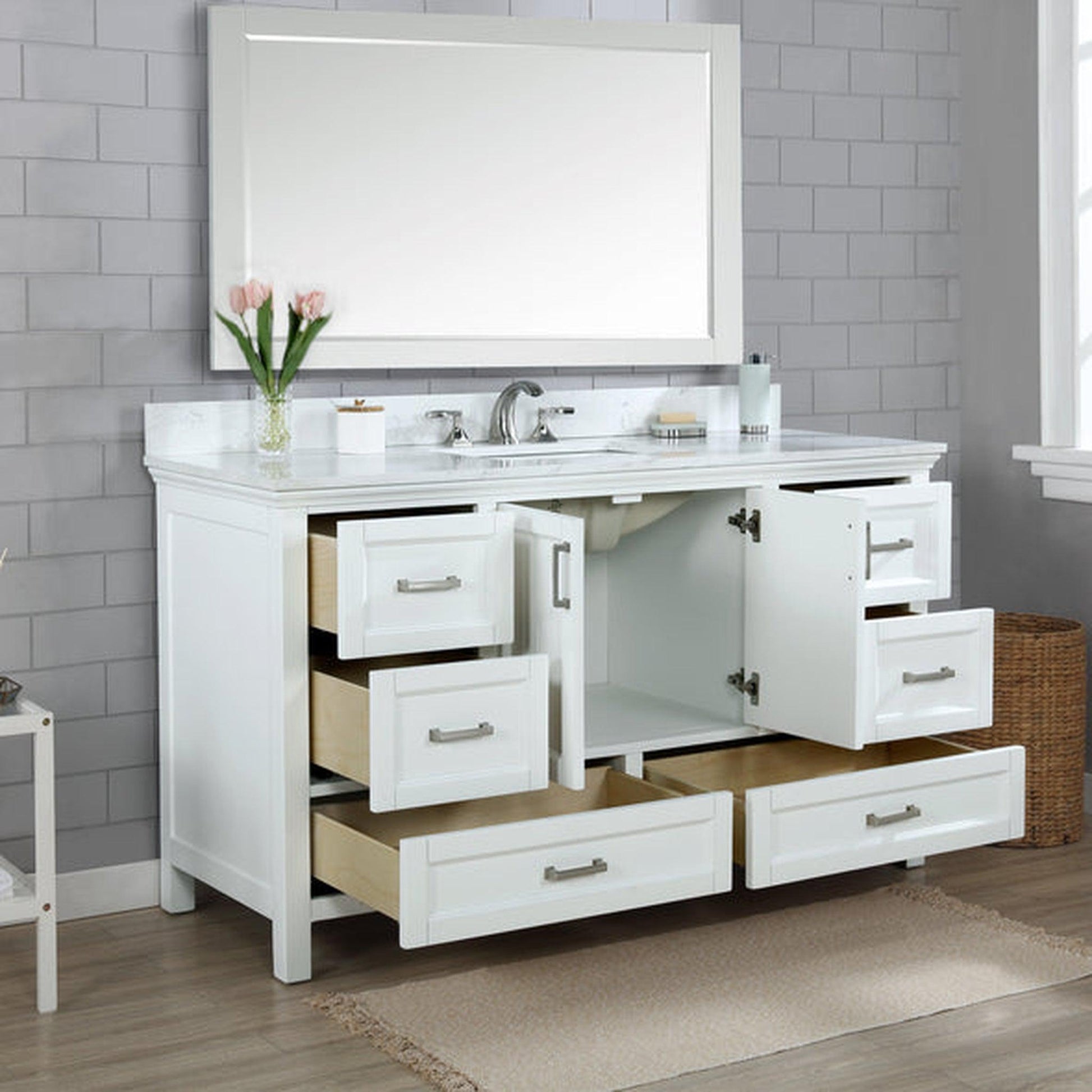 Altair Isla 60" Single White Freestanding Bathroom Vanity Set With Mirror, Aosta White Composite Stone Top Two Rectangular Undermount Ceramic Sinks, Overflow, and Backsplash