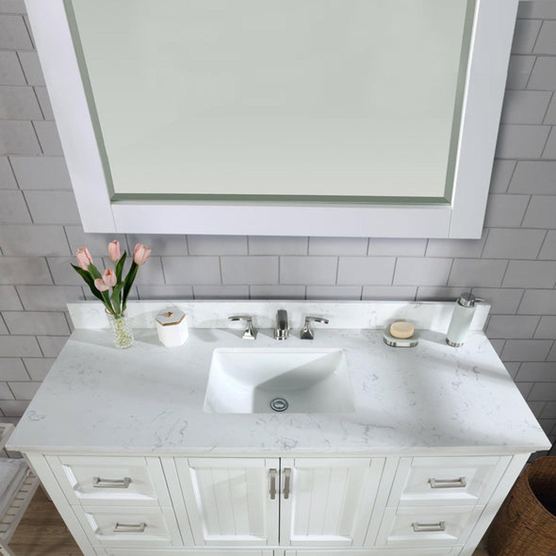 Altair Isla 60" Single White Freestanding Bathroom Vanity Set With Mirror, Aosta White Composite Stone Top Two Rectangular Undermount Ceramic Sinks, Overflow, and Backsplash