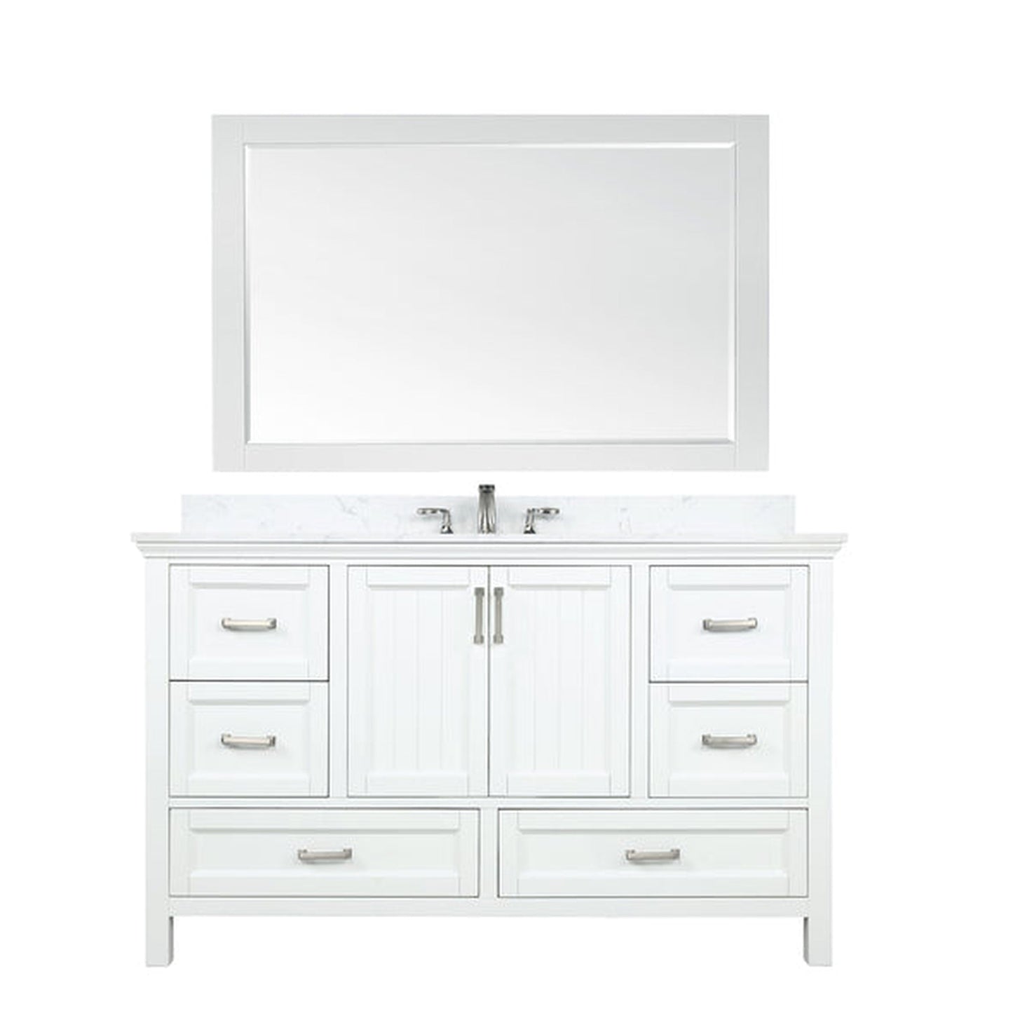 Altair Isla 60" Single White Freestanding Bathroom Vanity Set With Mirror, Aosta White Composite Stone Top Two Rectangular Undermount Ceramic Sinks, Overflow, and Backsplash