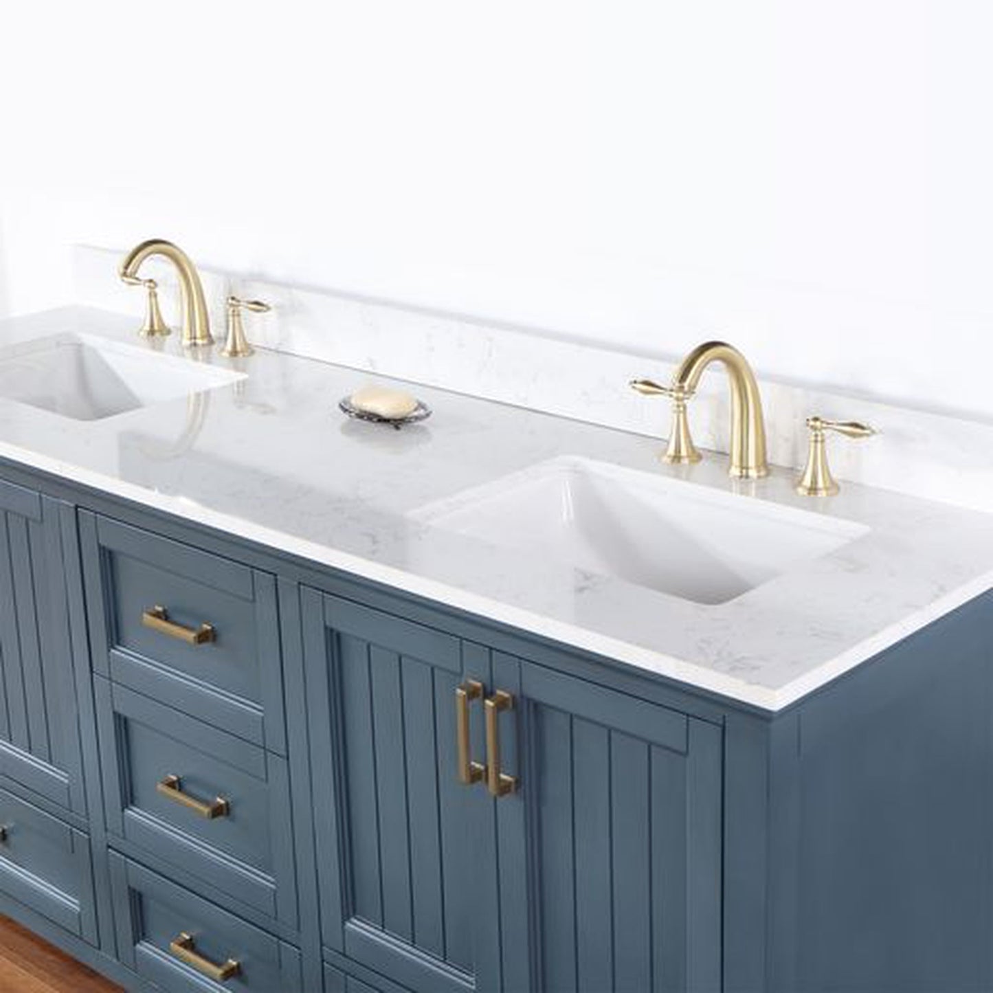 Altair Isla 72" Double Classic Blue Freestanding Bathroom Vanity Set With Aosta White Composite Stone Top, Two Rectangular Undermount Ceramic Sinks, and Overflow