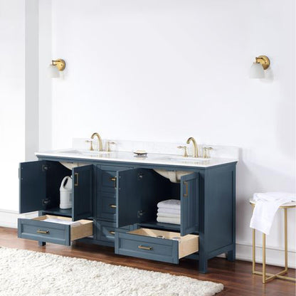Altair Isla 72" Double Classic Blue Freestanding Bathroom Vanity Set With Aosta White Composite Stone Top, Two Rectangular Undermount Ceramic Sinks, and Overflow