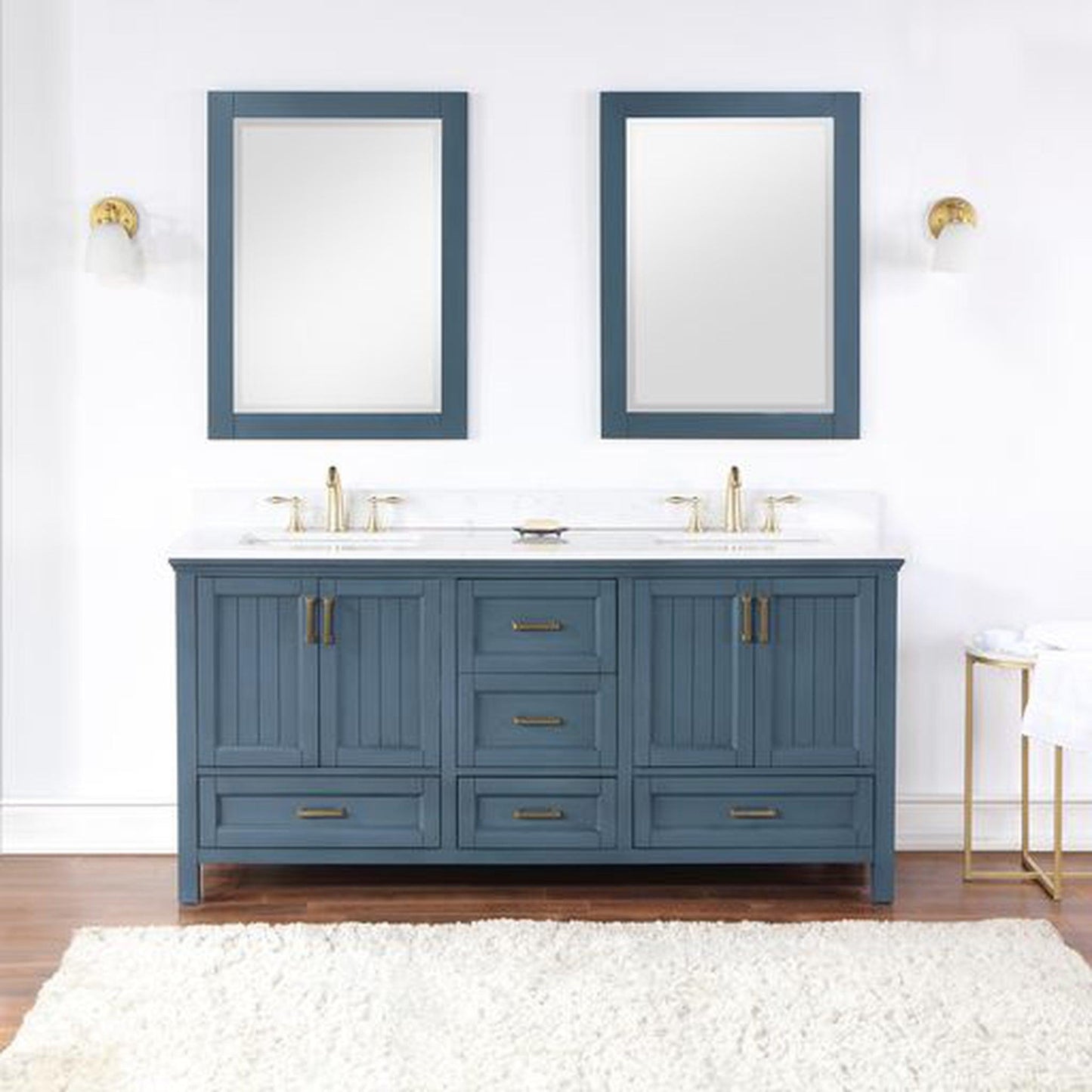 Altair Isla 72" Double Classic Blue Freestanding Bathroom Vanity Set With Mirror, Aosta White Composite Stone Top, Two Rectangular Undermount Ceramic Sinks, and Overflow