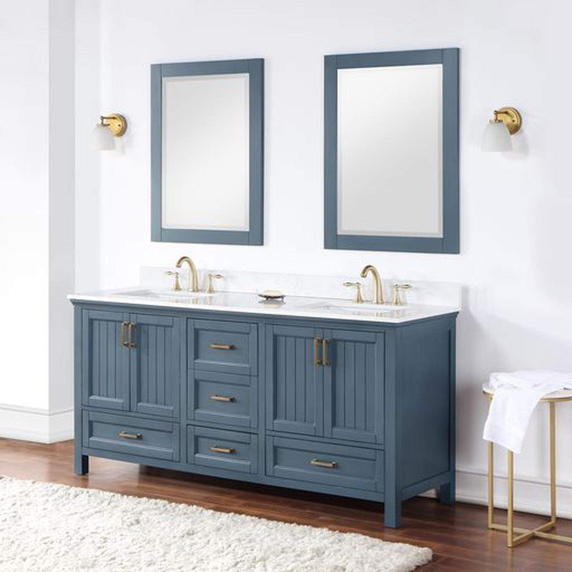 Altair Isla 72" Double Classic Blue Freestanding Bathroom Vanity Set With Mirror, Aosta White Composite Stone Top, Two Rectangular Undermount Ceramic Sinks, and Overflow