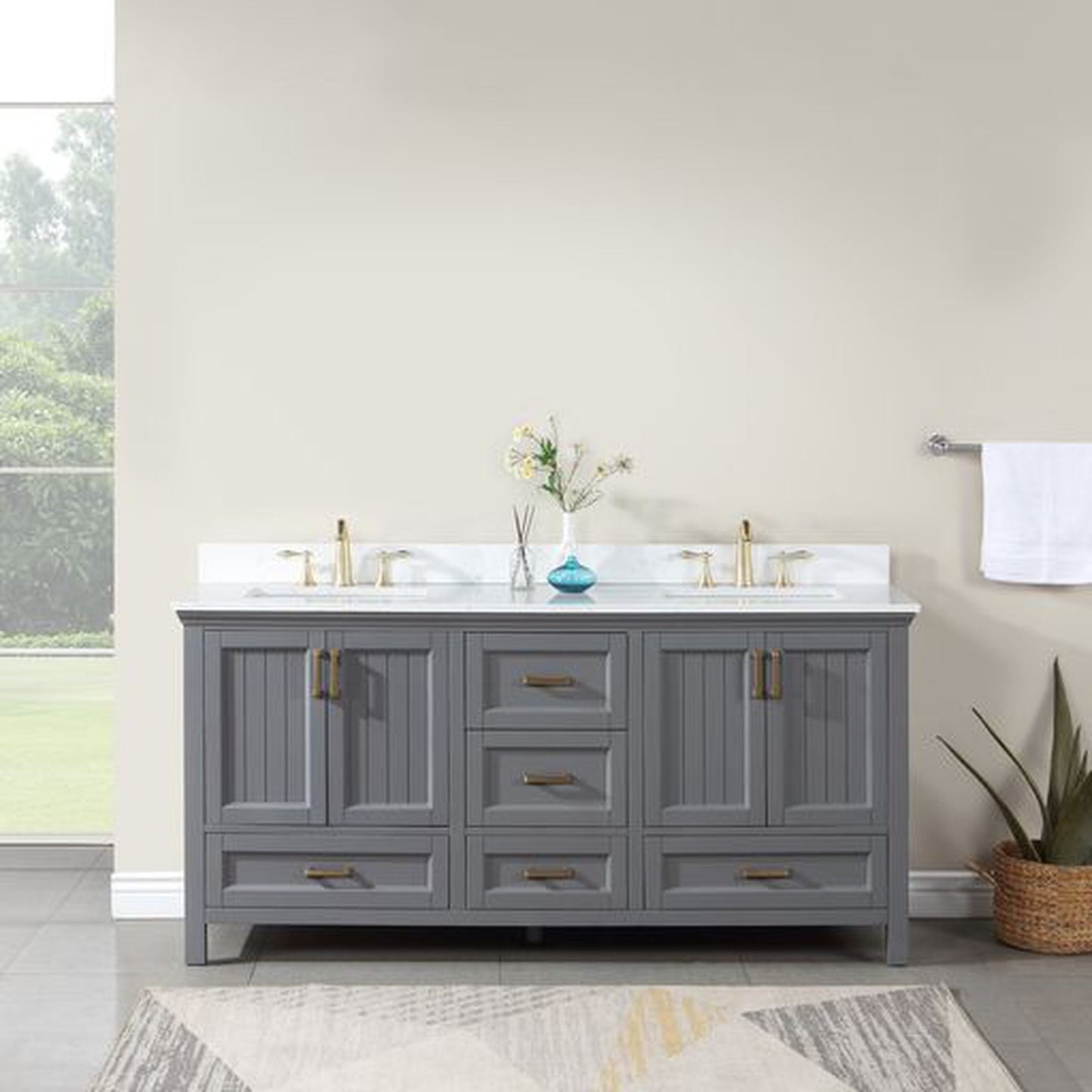 Altair Isla 72" Double Gray Freestanding Bathroom Vanity Set With Aosta White Composite Stone Top, Two Rectangular Undermount Ceramic Sinks, and Overflow