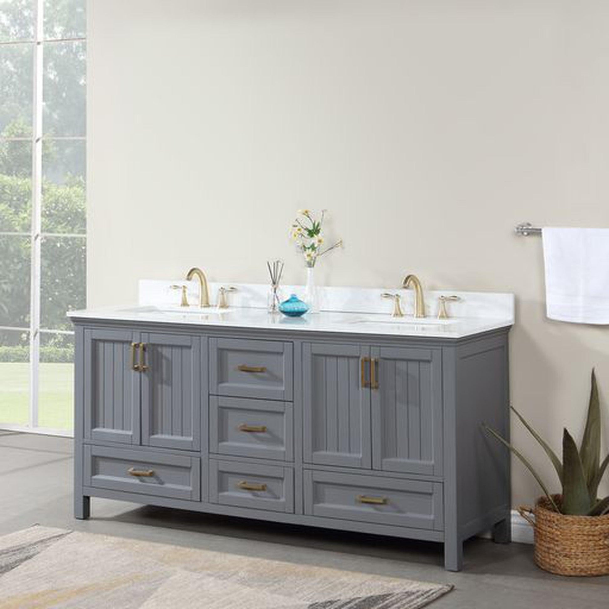 Altair Isla 72" Double Gray Freestanding Bathroom Vanity Set With Aosta White Composite Stone Top, Two Rectangular Undermount Ceramic Sinks, and Overflow