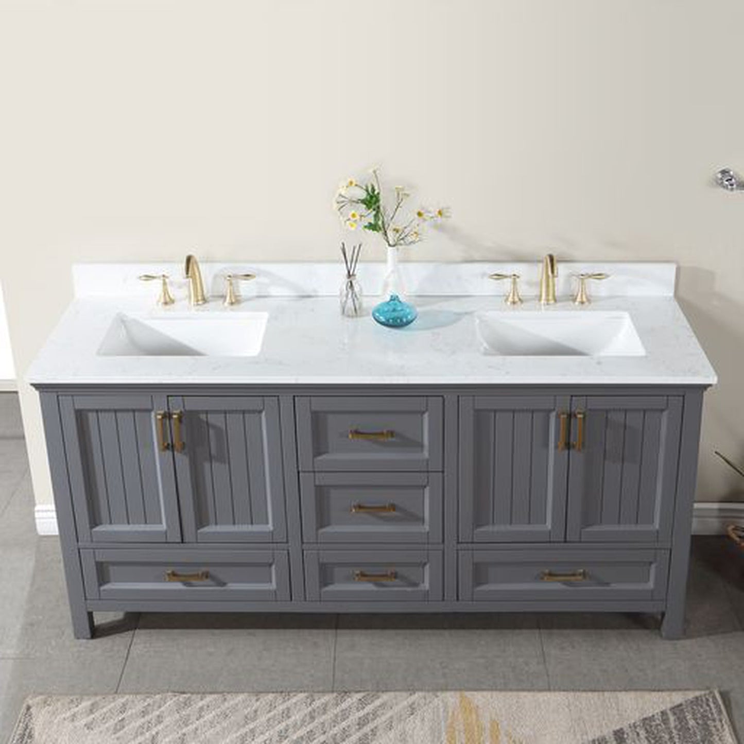 Altair Isla 72" Double Gray Freestanding Bathroom Vanity Set With Aosta White Composite Stone Top, Two Rectangular Undermount Ceramic Sinks, and Overflow