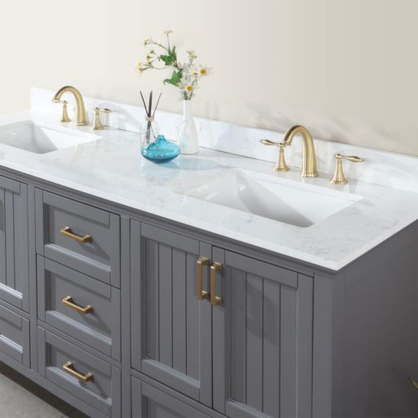 Altair Isla 72" Double Gray Freestanding Bathroom Vanity Set With Aosta White Composite Stone Top, Two Rectangular Undermount Ceramic Sinks, and Overflow