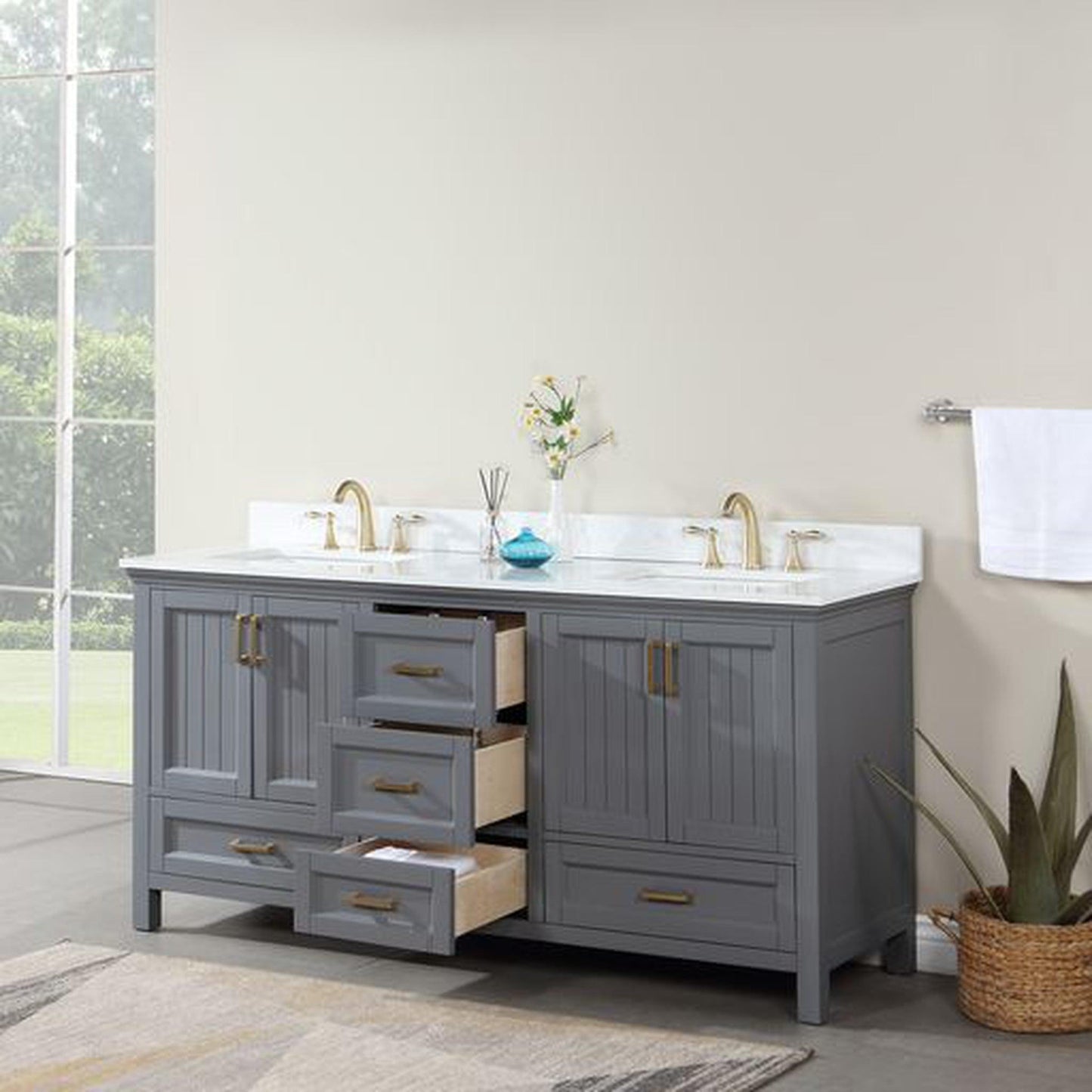 Altair Isla 72" Double Gray Freestanding Bathroom Vanity Set With Aosta White Composite Stone Top, Two Rectangular Undermount Ceramic Sinks, and Overflow