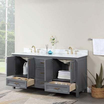 Altair Isla 72" Double Gray Freestanding Bathroom Vanity Set With Aosta White Composite Stone Top, Two Rectangular Undermount Ceramic Sinks, and Overflow