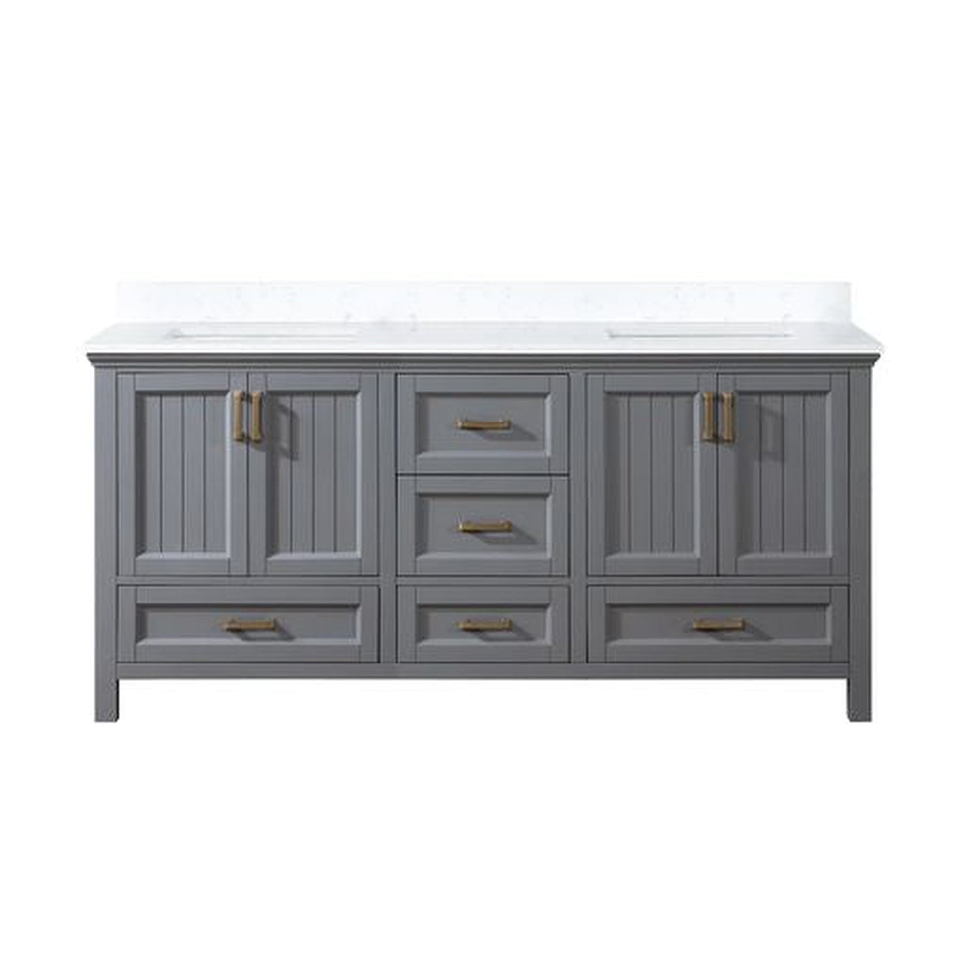 Altair Isla 72" Double Gray Freestanding Bathroom Vanity Set With Aosta White Composite Stone Top, Two Rectangular Undermount Ceramic Sinks, and Overflow